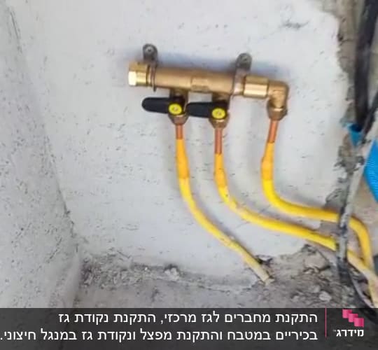צינורות גז צהובים מחוברים לשסתומים על קיר
